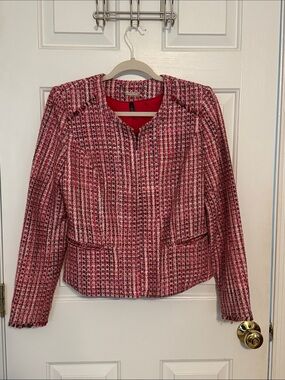 White House Black Market Pink Tweed Zip-Front Jacket size 8